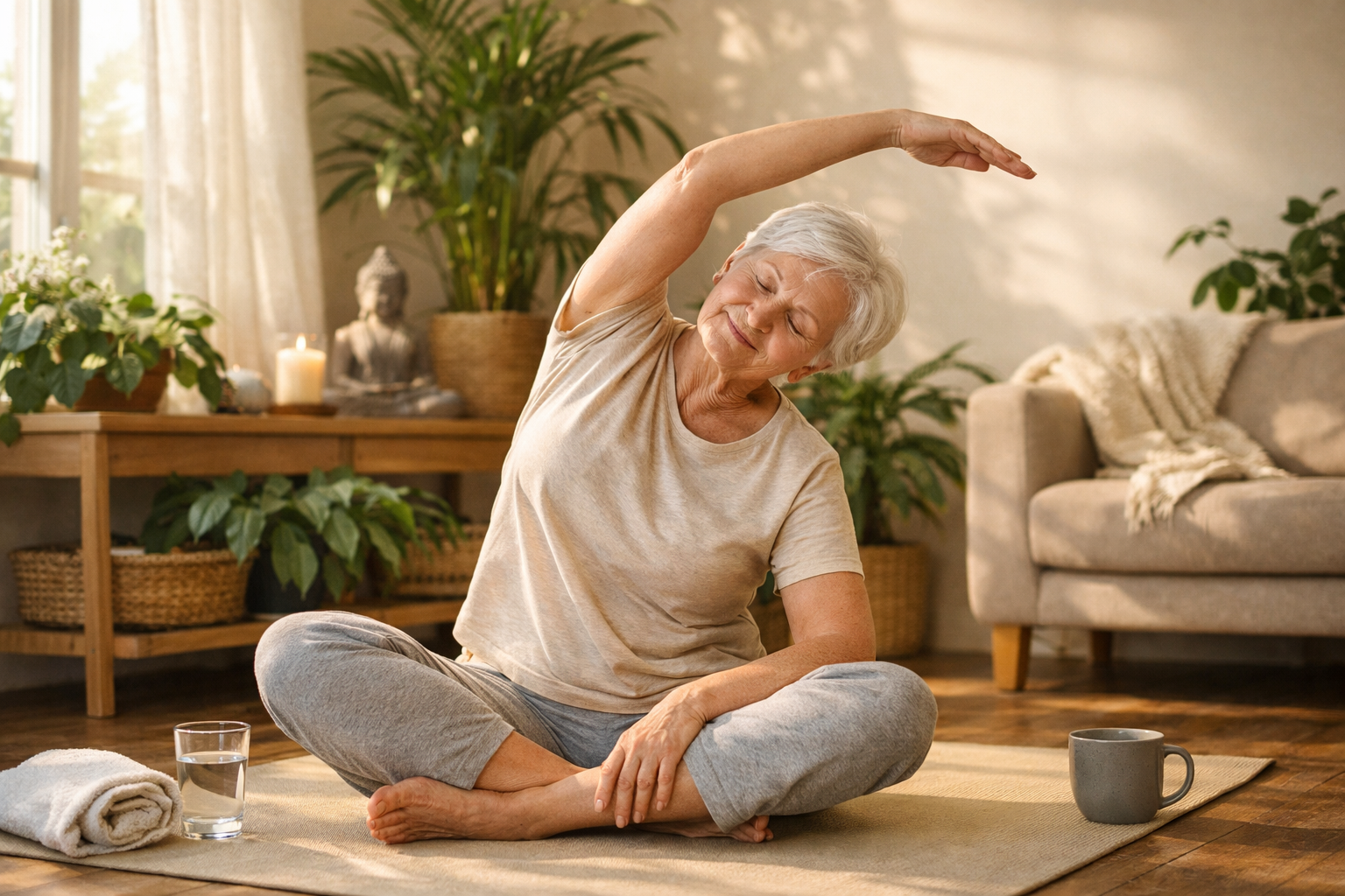 Elderly person doing gentle morning stretches in sunlit room with plants, peaceful atmosphere, natural light, wellness lifestyle photography