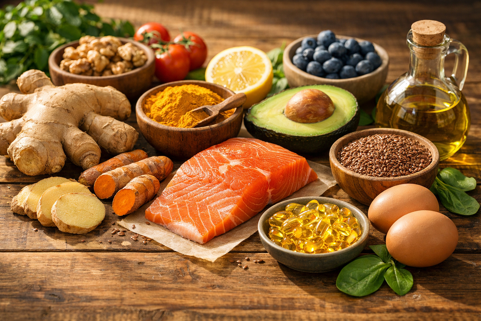 Fresh natural ingredients on wooden table including ginger root, turmeric, omega-3 rich foods, healthy lifestyle composition, warm natural lighting